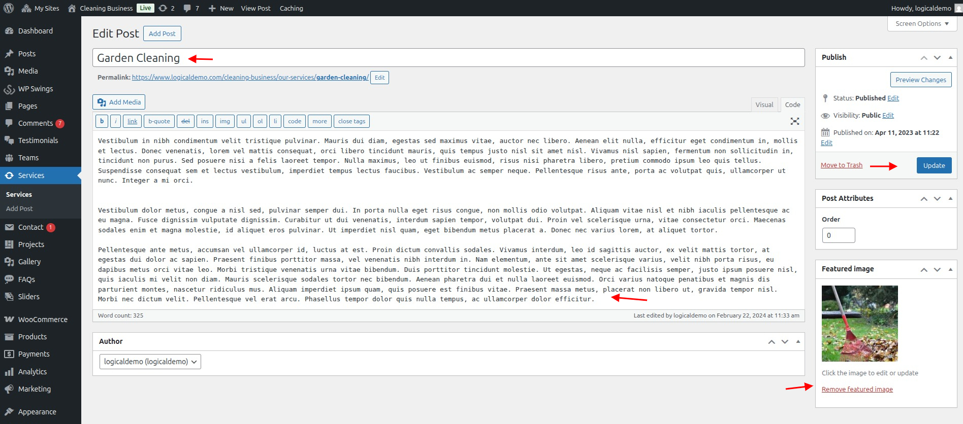 set Featured Page section