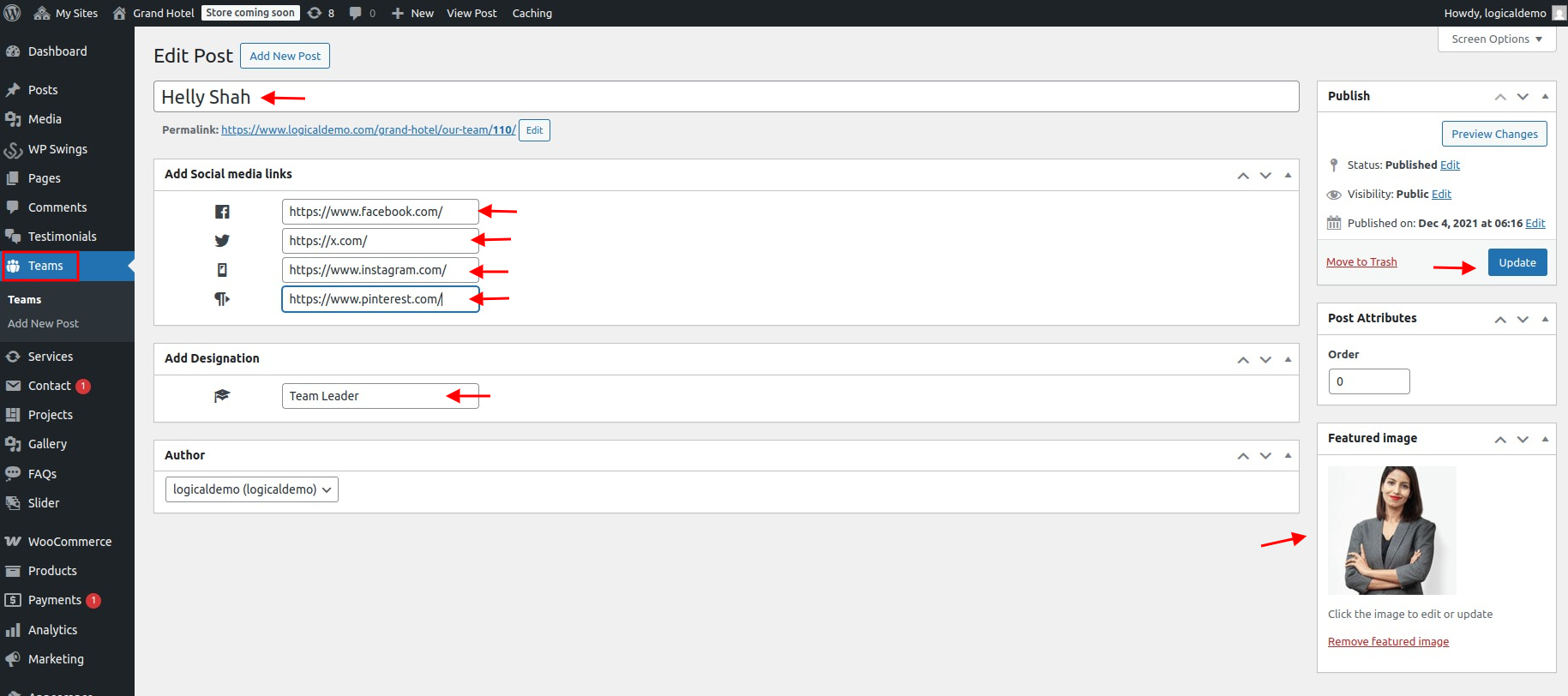 set Featured Page section