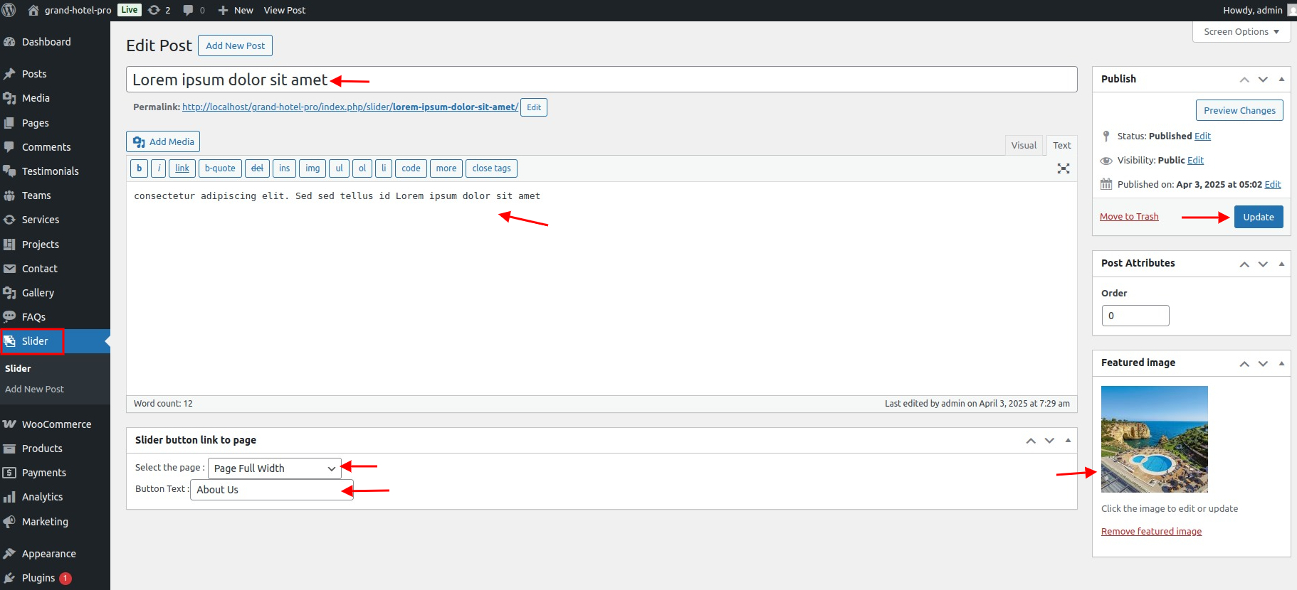 set Featured Page section