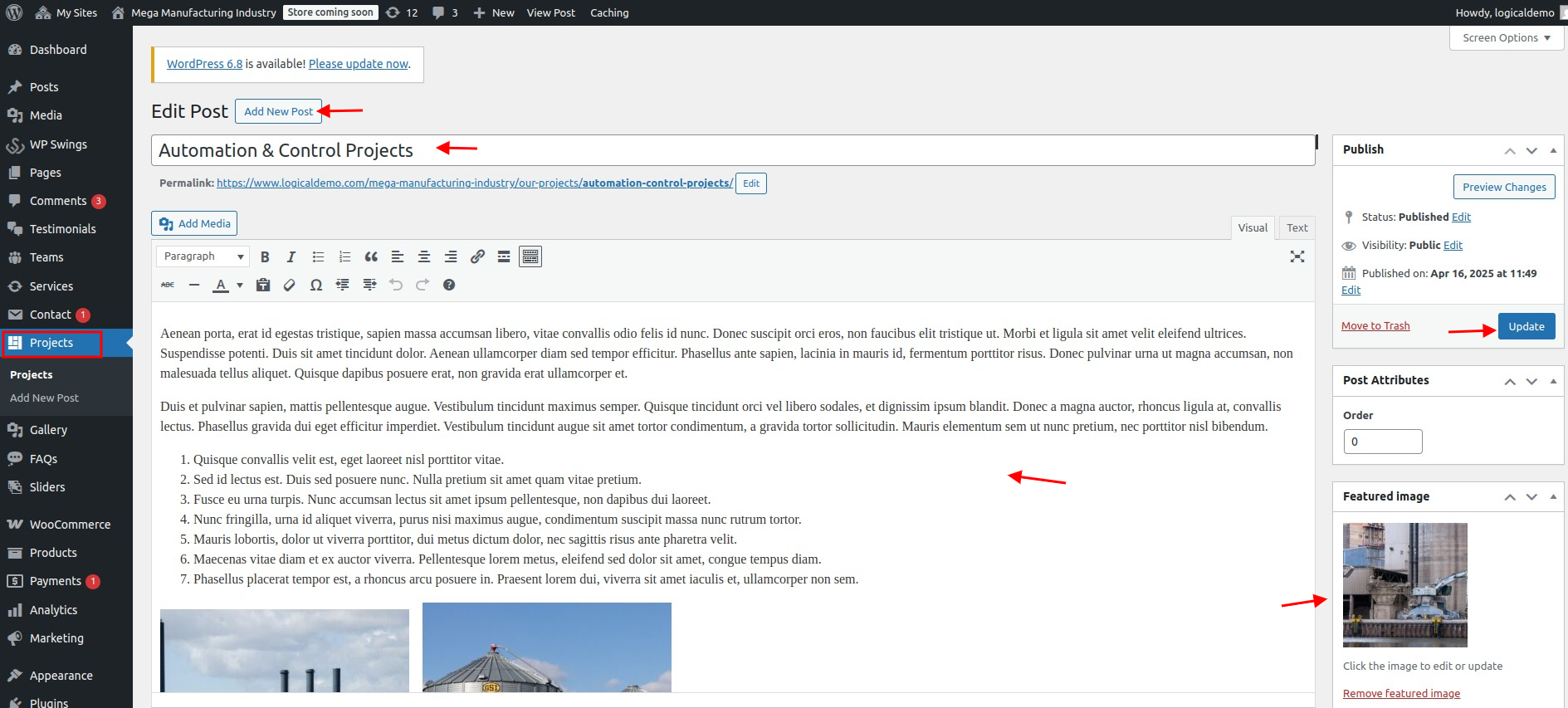 set Featured Page section