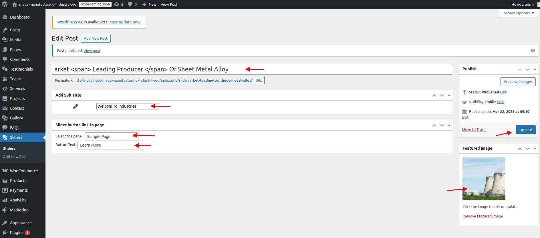 set Featured Page section