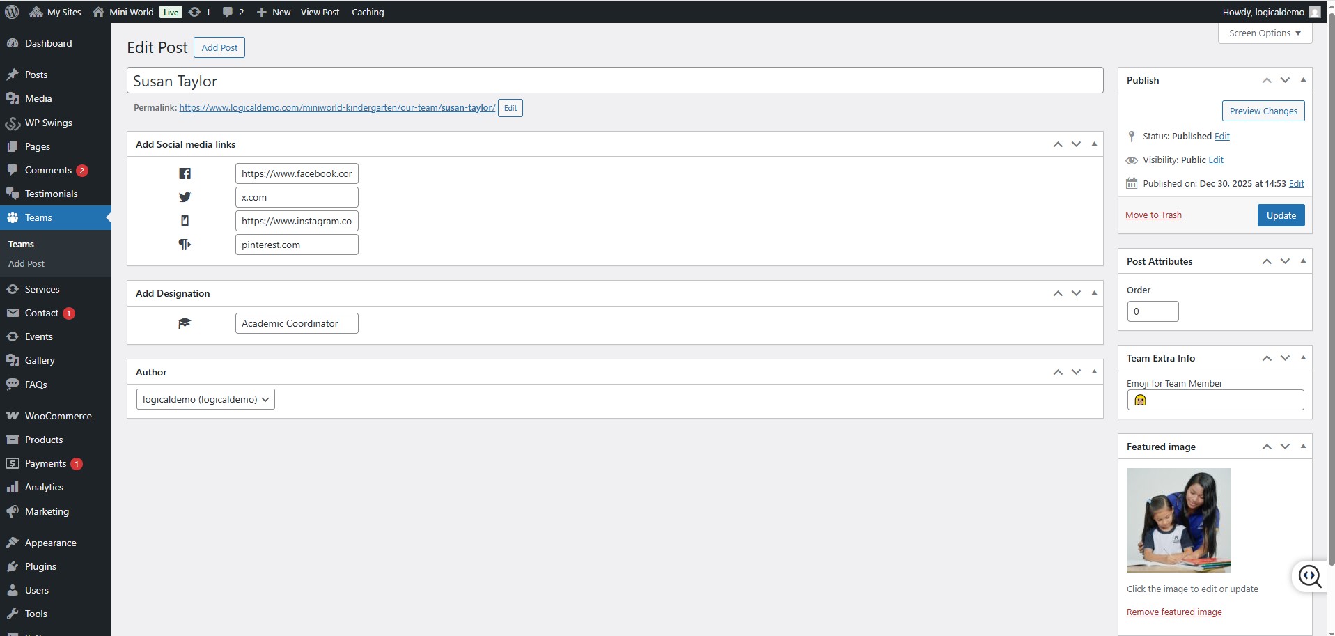 set Featured Page section